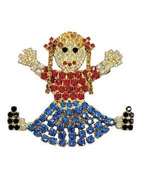 Bauer Gold Tone Multi Color Rhinestone Articulated Hair Girl Brooch Pin, Signed